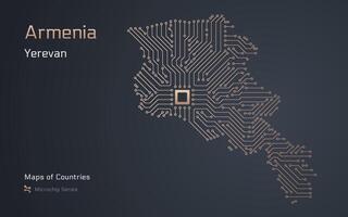 Armenia carta geografica con un' capitale di yerevan mostrato nel un' microchip modello con processore. e-governo. mondo paesi mappe. microchip serie vettore