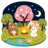 carino bosco animali campeggio a notte. adorabile bambini illustrazione. ore notturne campeggio scena con orso e coniglietto. vettore