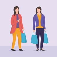 discussione di shopping di due donne con borsa della spesa con abiti casual vettore