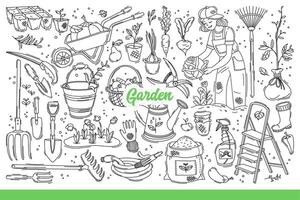 giardino attrezzatura e semi per piantare impianti e fiori nel il tuo Giardino dietro la casa. mano disegnato scarabocchio vettore