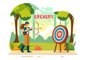 illustrazione di tiro con l'arco sport con un' arco e freccia mirando a un' obbiettivo, raffigurante un all'aperto ricreativo attività nel un' piatto cartone animato sfondo vettore