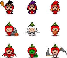 set di bundle di halloween del costume della mascotte del pomodoro vegetale del personaggio dei cartoni animati di vettore