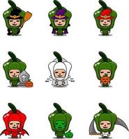 set di bundle di costumi di halloween della mascotte del peperone verde vegetale del personaggio dei cartoni animati di vettore