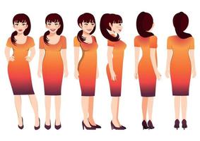 personaggio dei cartoni animati con donna d'affari in abito sfumato al tramonto per l'animazione. fronte, lato, retro, 3-4 caratteri di visualizzazione. illustrazione vettoriale piatta