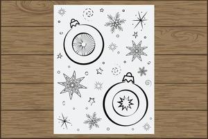 fiocchi di neve e palle di natale disegnate con un contorno su un pezzo di carta che giace su uno sfondo di legno vettore