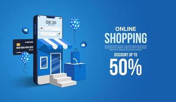 shopping online su sito Web e concetto di applicazione di social media, negozio di marketing digitale e negozio tramite smartphone vettore