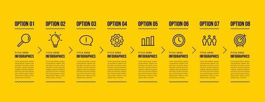 design del modello di infografica aziendale con 8 opzioni, concetto di passaggi di visualizzazione dei dati aziendali, stile di icone di linea sottile su sfondo giallo vettore