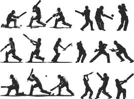 impostato di battitore silhouette giocando cricket su il campo. nero e bianca vettore