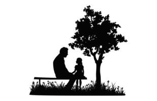 padre e figlia seduta su panchina sotto un' albero silhouette vettore