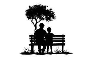 papà e figlio seduta su un' parco panchina sotto un' albero silhouette nero clip arte vettore