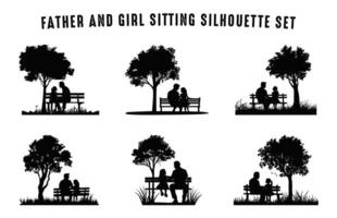papà e figlia seduta su panchina sotto giardino albero silhouette impostato vettore