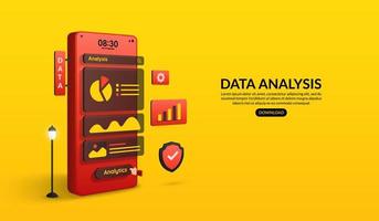 ricerca e analisi dei dati per il sito Web e l'applicazione mobile, visualizzazione dei dati tramite il concetto di smartphone con grafico, grafico e dashboard vettore