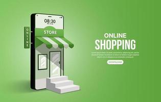shopping online su sito Web e applicazione mobile tramite smartphone, negozio di marketing digitale e concetto di negozio vettore