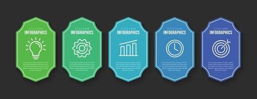 design del modello di infografica del flusso di lavoro di stampa aziendale con 5 opzioni, concetto di visualizzazione dei dati della timeline aziendale vettore