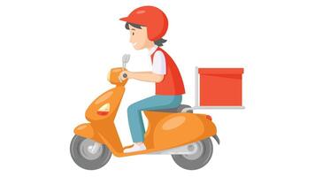 consegna ragazzo equitazione scooter con consegna scatola nel rosso uniforme. cibo e pacco consegna servizio concetto. vettore
