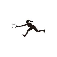 sport donna correre e swing il suo tennis racchetta orizzontalmente per raggiungere il palla silhouette - tennis atleta correre e diritto swing cartone animato silhouette isolato su bianca vettore