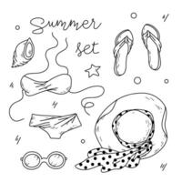 illustrazione di estate Oggetti. cappello, Flip flop e costume da bagno. vettore