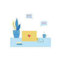 un desktop con un laptop, un fiore, libri e una tazza. illustrazione vettoriale piatto.