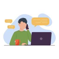 illustrazione vettoriale di servizio clienti aziendali. operatore di sesso maschile con un telefono cellulare e un laptop offre supporto e consulenza ai clienti. centro di consulenza online, concetto di help desk bancario, legale e assicurativo.