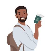 viaggiatore uomo indossare casuale Abiti zaino Borsa hold passaporto biglietto mostrare pollice su. vettore