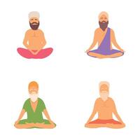 maschio yogi icone impostato cartone animato . Meditare uomo nel yoga loto posa vettore