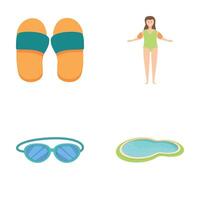 piatto icone di infradito, donna nel costume da bagno, occhiali da sole, e gonfiabile piscina squillare vettore