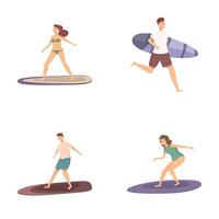 collezione di illustrazioni con diverso surfers nel vario fare surf pose vettore