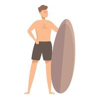 cartone animato di un' in forma surfer tipo in piedi orgoglioso con il suo tavola da surf vettore