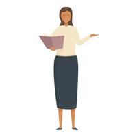 illustrazione di un' fiducioso donna in piedi con un Aperto cartella, presentazione o spiegando soddisfare vettore