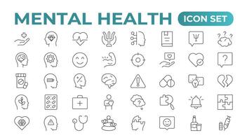 mentale Salute schema icona impostare. contenente depressione, bipolare, disturbo da stress post-traumatico, panico e mente disturbo icone. psicologia solido simbolo illustrazione. vettore
