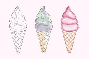 Questo illustrazione Caratteristiche tre ghiaccio crema coni disegnato nel diverso stili. il primo cono è delineato nel Nero, mentre il secondo e terzo coni siamo pieno nel con simile ad un acquerello colori vettore