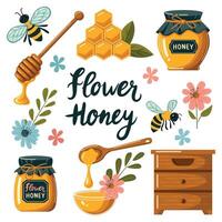 un' vaso di miele con un' ape e fiori, un' contenitore di miele in mostra un' ape e floreale abbellimenti. vettore