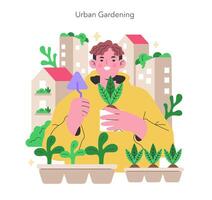 creatore cultura concetto un' giardiniere nutre città verde, armonizzante urbano vita con natura attraverso urbano giardinaggio fiorente fogliame contro un' paesaggio urbano illustrazione vettore