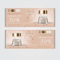 regalo voucher; tagliando idratante facciale crema per annuale vendita o Festival saldi. oro crema maschera bottiglia isolato su luccichio particelle sfondo. bandiera grazioso cosmetico Annunci, illustrazione. vettore