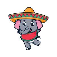 cartone animato illustrazione design di carino e kawaii elefante con sombrero cappello e giocando Maraca vettore