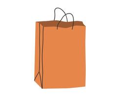 mano disegnato carino cartone animato illustrazione di riutilizzabile shopping carta Borsa. piatto drogheria pacchetto, ambiente protezione design etichetta nel colorato scarabocchio stile. ecologia etichetta, icona. isolato. vettore