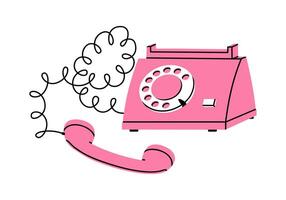 mano disegnato carino cartone animato illustrazione di rosa retrò cablata Telefono. piatto vecchio telefono etichetta nel semplice colorato scarabocchio stile. rendere un' chiamata. raccogliere su il Telefono icona o Stampa. isolato su bianca. vettore