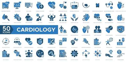 cardiologia icona impostare. battito cardiaco tenere sotto controllo, ekg lettura, eco scansione, cardiaco catetere, ep studia, stimolatore cardiaco impiantare, defibrillatore shock e cardiaco riabilitazione vettore