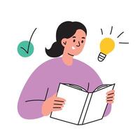 illustrazione di un' sorridente alunno lettura un' libro con un idea lampadina icona. piatto cartone animato stile. formazione scolastica, studia, e apprendimento concetti. conoscenza, ispirazione, e creatività nel scuola vettore