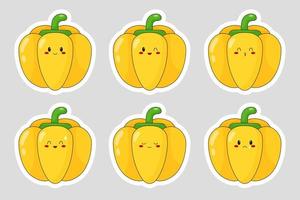 set di adesivi con pepe simpatico cartone animato. emoji di peperone giallo con diverse emozioni. illustrazioni vettoriali piatte.