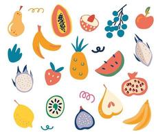 allegagione. banane, mele, pere, arance, limoni, fragole, papaia e altri. raccolta di vari frutti estivi succosi maturi. cibo salutare. illustrazione di tiraggio della mano di vettore. vettore