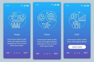 modello di schermata della pagina dell'app mobile di onboarding della concezione aziendale. persone, pianeta e profitto passaggi del sito Web di guida dettagliata. gestione delle risorse. tripla linea di fondo. tbl. interfaccia smartphone ux, ui, gui vettore