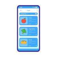 modello di vettore dell'interfaccia dell'app del negozio di alimentari. layout di progettazione blu dell'interfaccia dell'app mobile. acquisto di cibo da smartphone. acquisti online. frutta, verdura, pane. piatto ui. display del telefono con categorie di alimenti