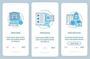 modello di vettore della schermata della pagina dell'app mobile di onboarding della prenotazione online dell'hotel. offerte hotel, prezzi, sconti. procedura dettagliata del sito Web con illustrazioni lineari. ux, ui, gui concetto di interfaccia per smartphone