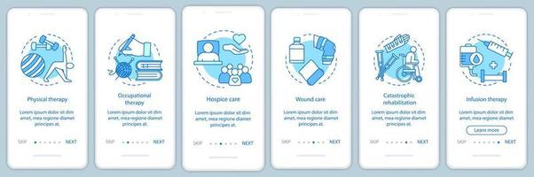 modello di vettore dello schermo della pagina dell'app mobile di onboarding dell'assistenza infermieristica. passaggi del sito web del centro di riabilitazione. terapia, cura delle ferite, servizio di hospice. ux, ui, gui concetto di interfaccia per smartphone