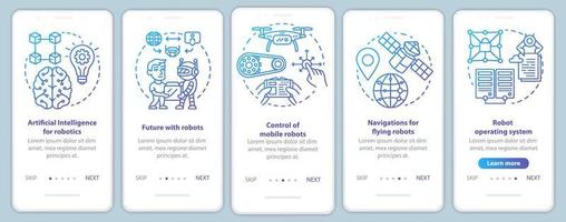 modelli di vettore della schermata della pagina dell'app mobile onboarding dei corsi di robotica. apprendimento del controllo del robot. procedura dettagliata del sito Web con illustrazioni lineari. ux, ui, gui concetto di interfaccia per smartphone