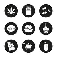 set di icone di dipendenze. fumo, droghe, cibo, parolacce, shopping, computer, alcolismo. marijuana, sigarette, pillole, hamburger, cioccolato, mouse del computer. illustrazioni vettoriali bianche in cerchi neri