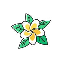 icona di colore giallo plumeria. fiori di regione esotica. flora delle foreste indonesiane. piccole piante tropicali. fiore di frangipani con foglie. natura di Bali. illustrazione vettoriale isolato