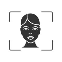 icona del glifo con sistema di riconoscimento facciale. simbolo di sagoma. software di scansione dell'identità del viso. testa umana. verifica dell'identità biometrica. spazio negativo. illustrazione vettoriale isolato