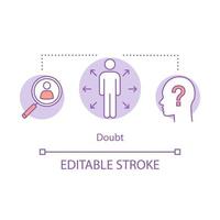 icona del concetto di dubbio. idea di sospettosità illustrazione al tratto sottile. scelta difficile. informazioni dubbie. mancanza di fiducia, sfiducia. uomo indeciso. disegno vettoriale isolato profilo. tratto modificabile